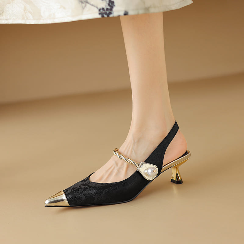 Leather Pointy Toe Kitten Heel Slingback Pumps