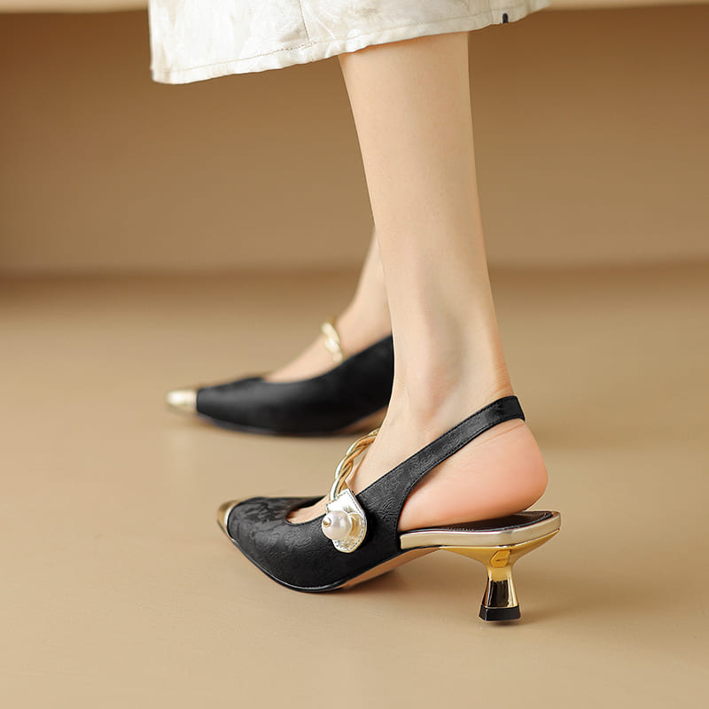 Leather Pointy Toe Kitten Heel Slingback Pumps