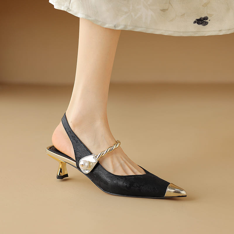 Leather Pointy Toe Kitten Heel Slingback Pumps