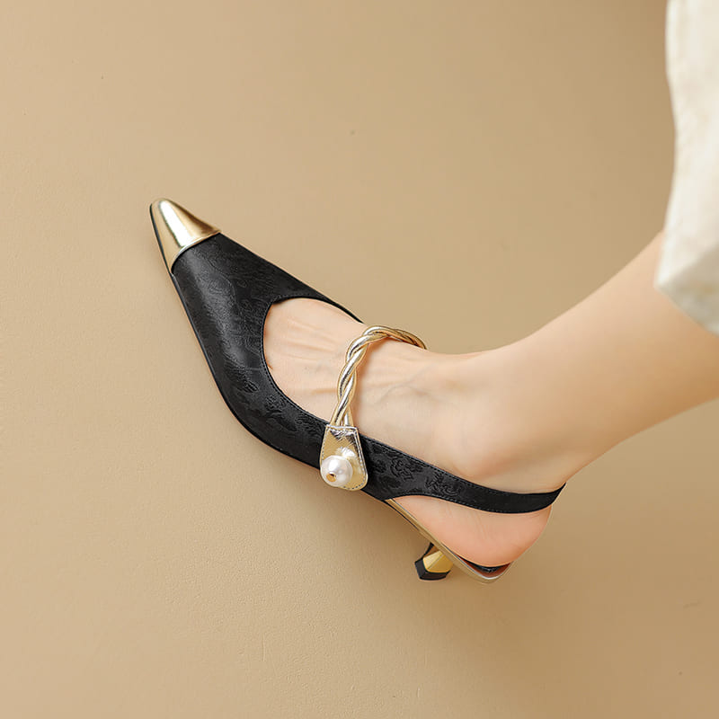 Leather Pointy Toe Kitten Heel Slingback Pumps