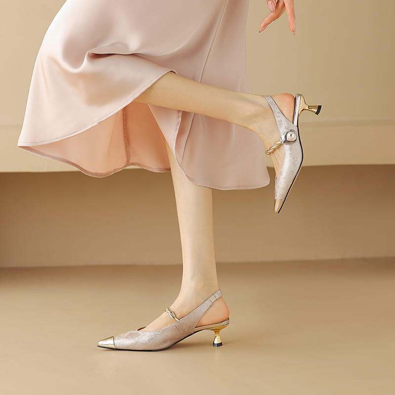 Leather Pointy Toe Kitten Heel Slingback Pumps