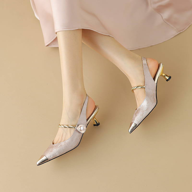 Leather Pointy Toe Kitten Heel Slingback Pumps