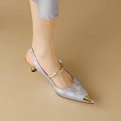 Leather Pointy Toe Kitten Heel Slingback Pumps