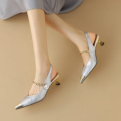 Leather Pointy Toe Kitten Heel Slingback Pumps