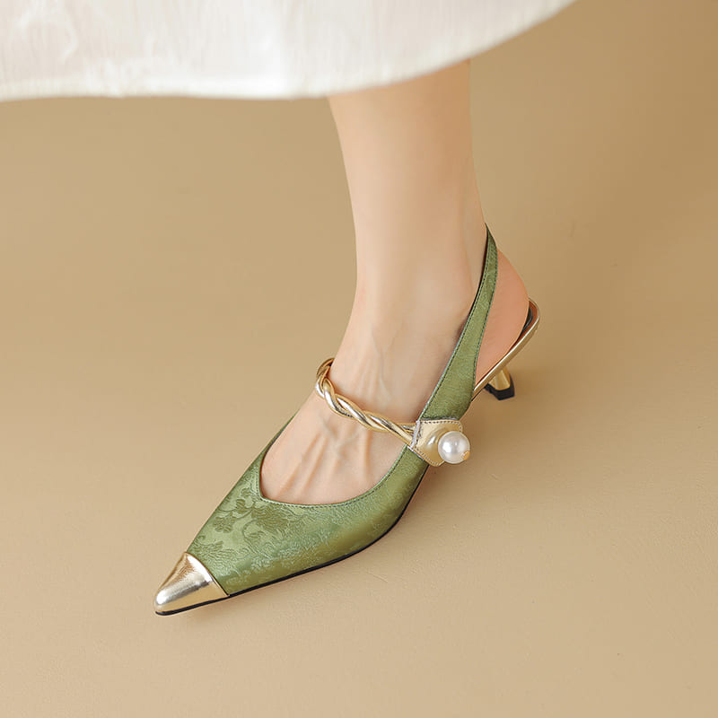 Leather Pointy Toe Kitten Heel Slingback Pumps