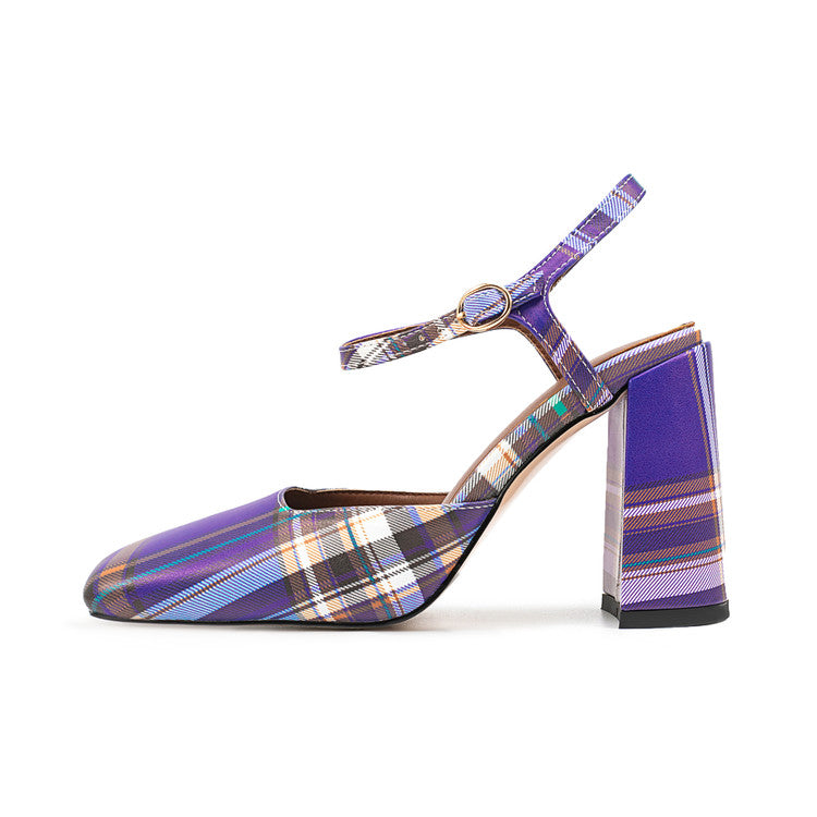 Purple Plaid Square Toe Buckle Chunky Heel Women‘s Sandals
