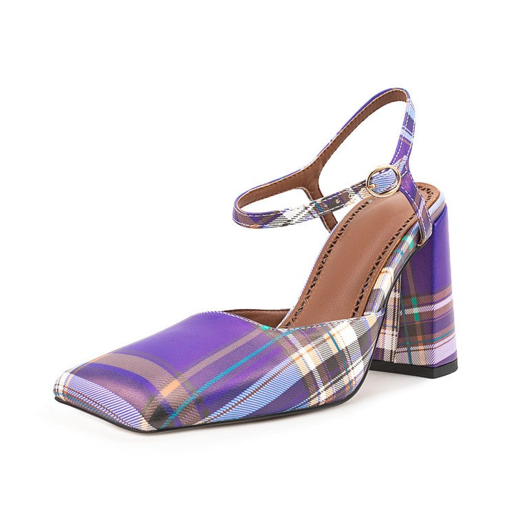 Purple Plaid Square Toe Buckle Chunky Heel Women‘s Sandals
