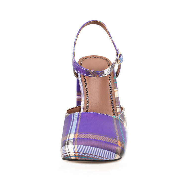 Purple Plaid Square Toe Buckle Chunky Heel Women‘s Sandals