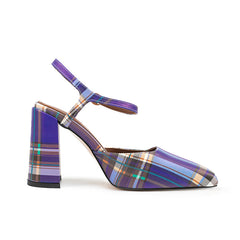 Purple Plaid Square Toe Buckle Chunky Heel Women‘s Sandals
