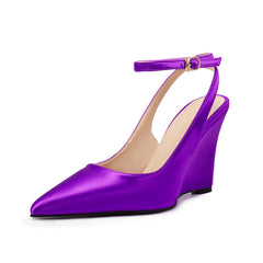 Purple Satin Pointed-Toe Buckle Wedge Sandals for Women
