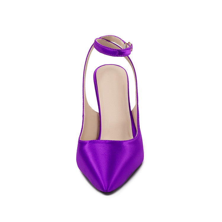 Purple Satin Pointed-Toe Buckle Wedge Sandals for Women