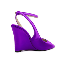 Purple Satin Pointed-Toe Buckle Wedge Sandals for Women