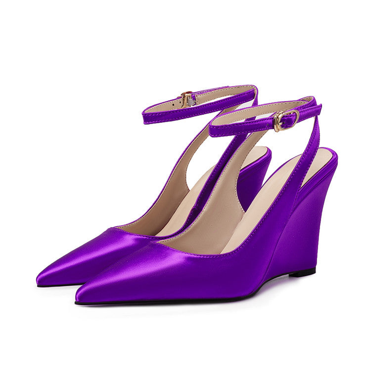 Purple Satin Pointed-Toe Buckle Wedge Sandals for Women