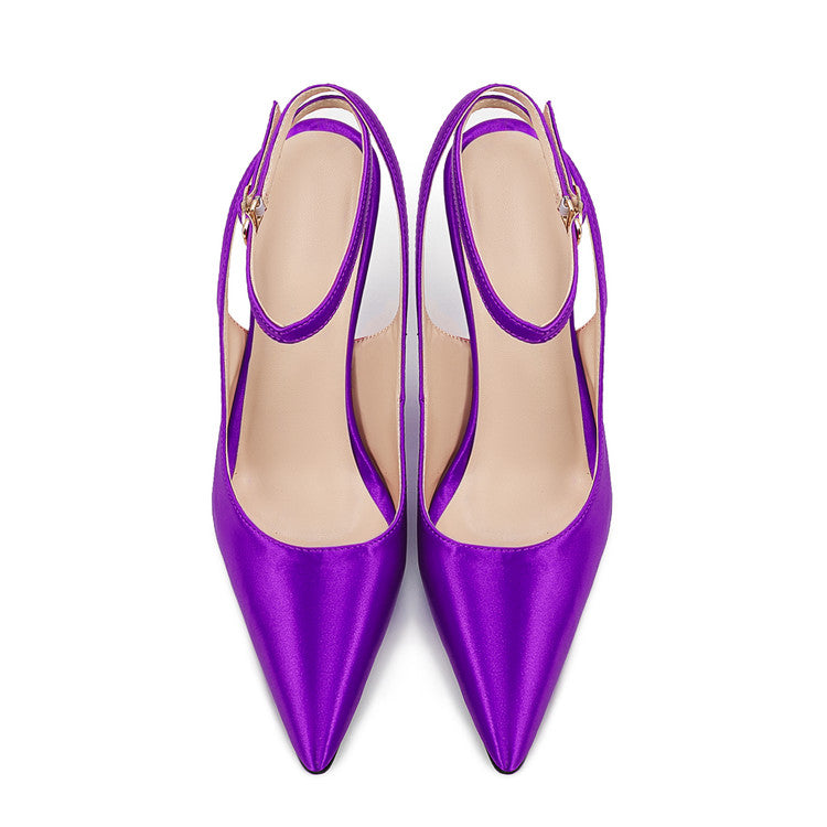 Purple Satin Pointed-Toe Buckle Wedge Sandals for Women