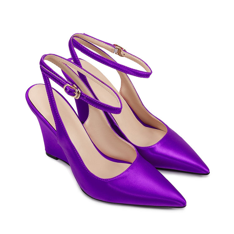 Purple Satin Pointed-Toe Buckle Wedge Sandals for Women