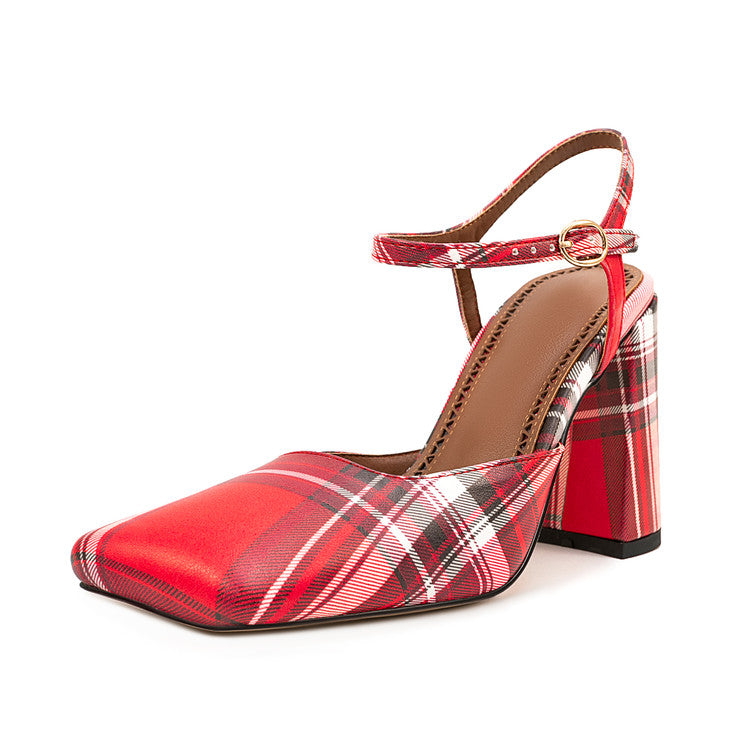 Red Plaid Square Toe Buckle Chunky Heel Women's Sandals