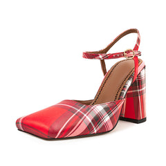 Red Plaid Square Toe Buckle Chunky Heel Women's Sandals