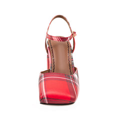 Red Plaid Square Toe Buckle Chunky Heel Women's Sandals
