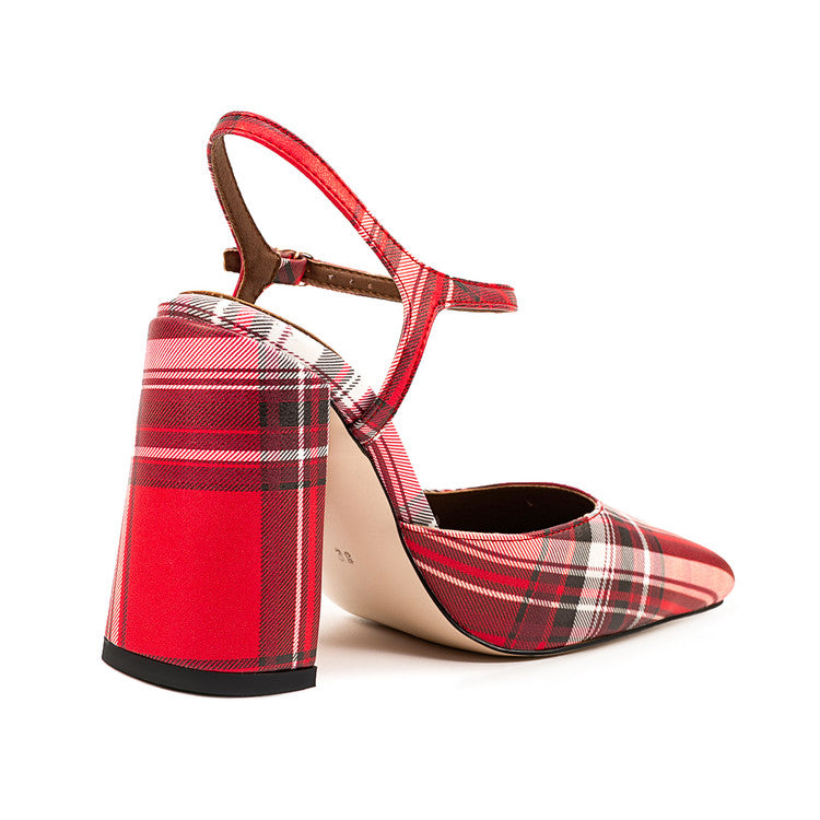Red Plaid Square Toe Buckle Chunky Heel Women's Sandals