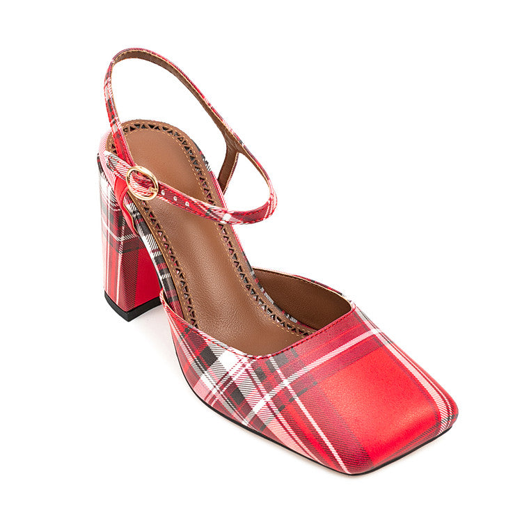 Red Plaid Square Toe Buckle Chunky Heel Women's Sandals