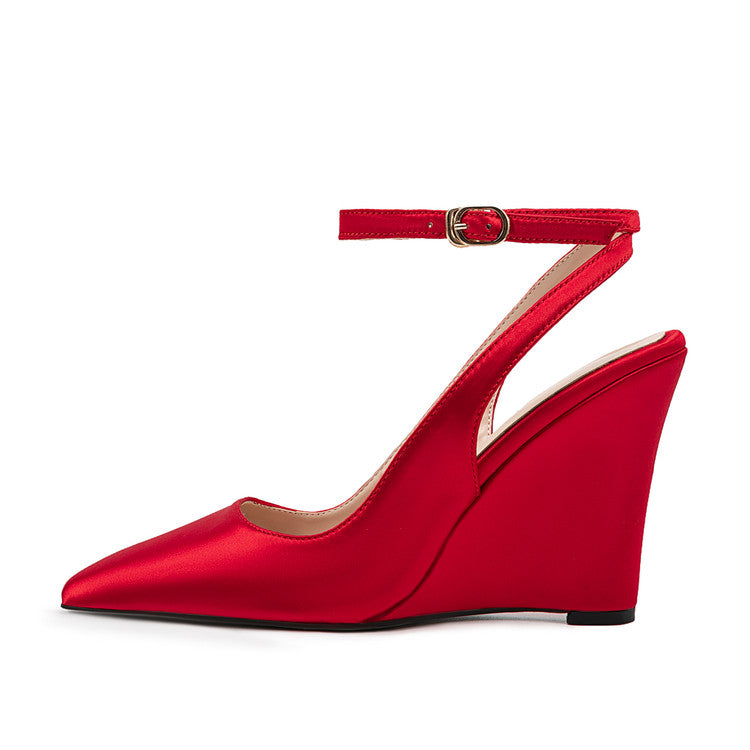 Red Satin Pointed-Toe Buckle Women's Wedge Sandals