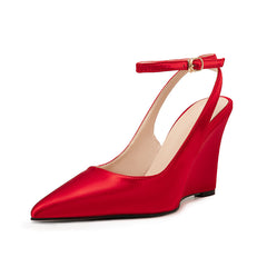 Red Satin Pointed-Toe Buckle Women's Wedge Sandals