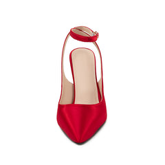 Red Satin Pointed-Toe Buckle Women's Wedge Sandals