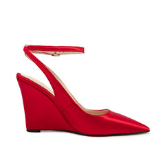 Red Satin Pointed-Toe Buckle Women's Wedge Sandals
