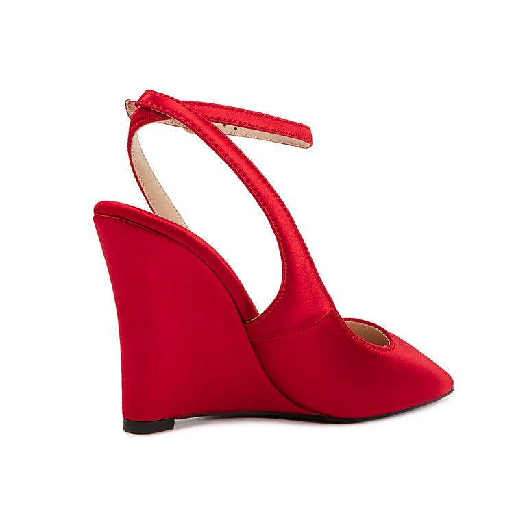 Red Satin Pointed-Toe Buckle Women's Wedge Sandals