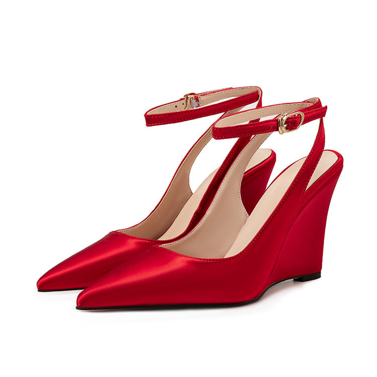 Red Satin Pointed-Toe Buckle Women's Wedge Sandals
