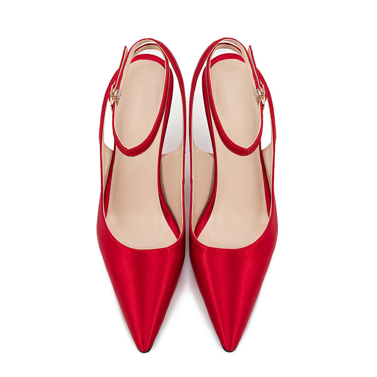 Red Satin Pointed-Toe Buckle Women's Wedge Sandals
