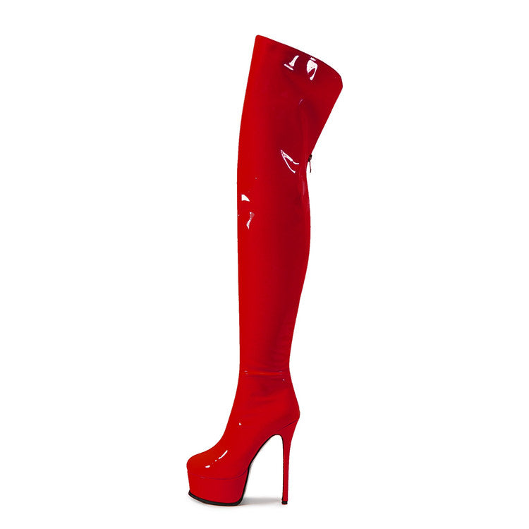 Red Platform Over The Knee Boots Patent Leather Stiletto Heels