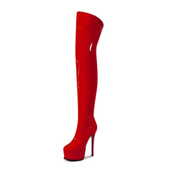 Red Platform Over The Knee Boots Patent Leather Stiletto Heels