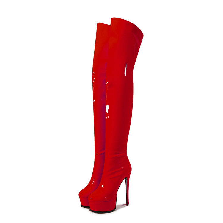 Red Platform Over The Knee Boots Patent Leather Stiletto Heels