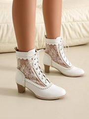 Retro Lace Round Toe Block Heel Lace-Up Ankle Boots