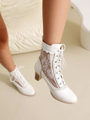 Retro Lace Round Toe Block Heel Lace-Up Ankle Boots