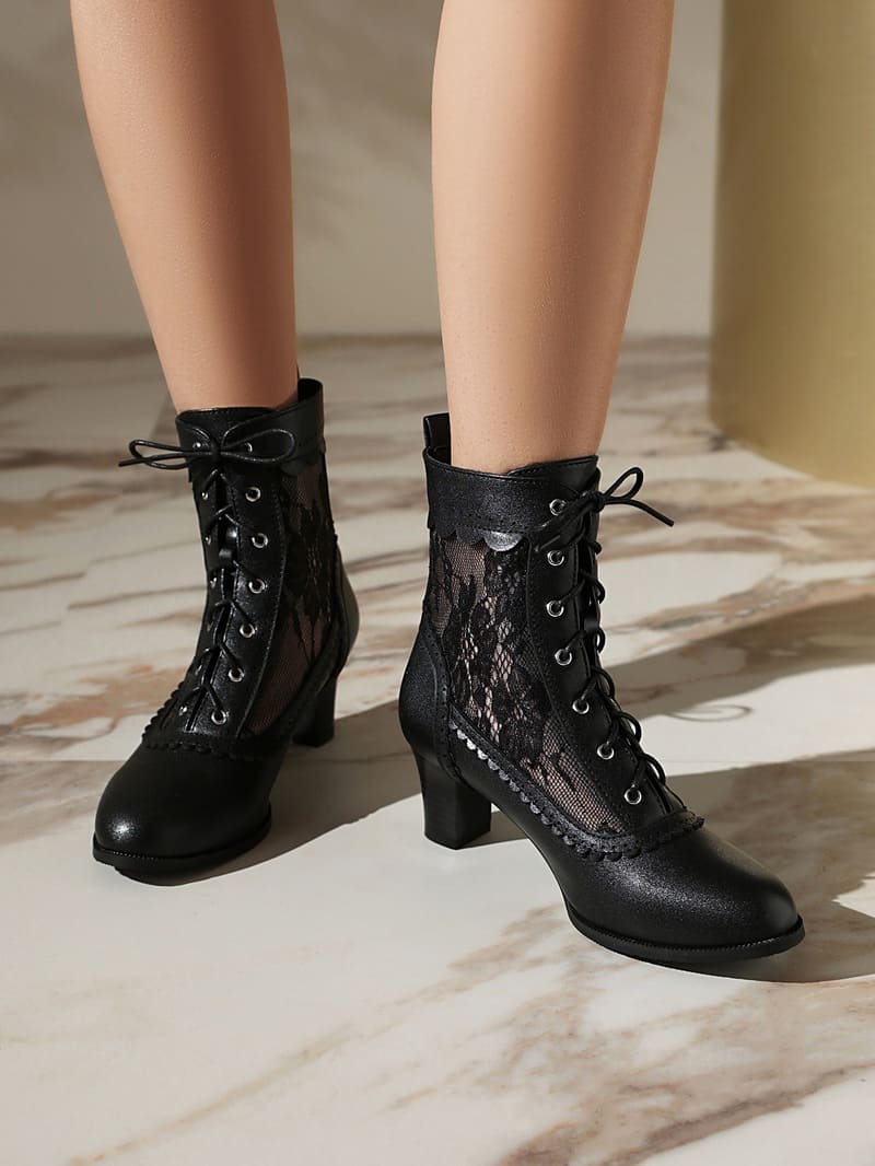 Retro Lace Round Toe Block Heel Lace-Up Ankle Boots