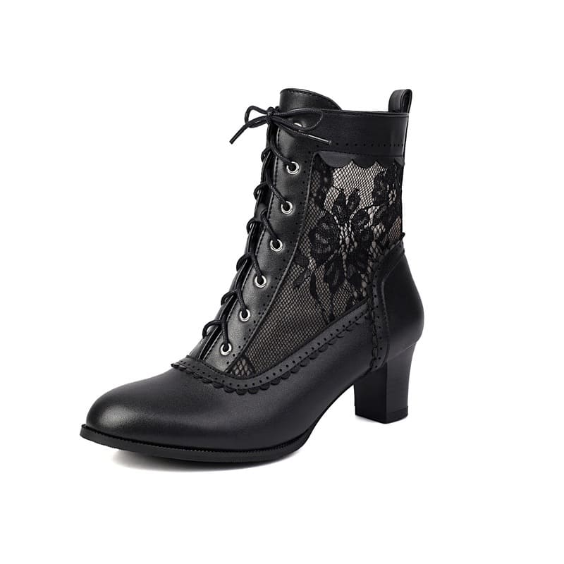 Retro Lace Round Toe Block Heel Lace-Up Ankle Boots