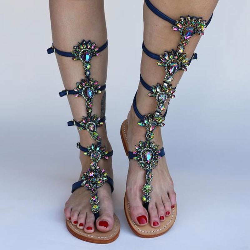Rhinestone Flat Flip Flop Blue Gladiator Sandals for Women