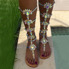 Rhinestone Flat Glitter Silver Gladiator Sandals for Women