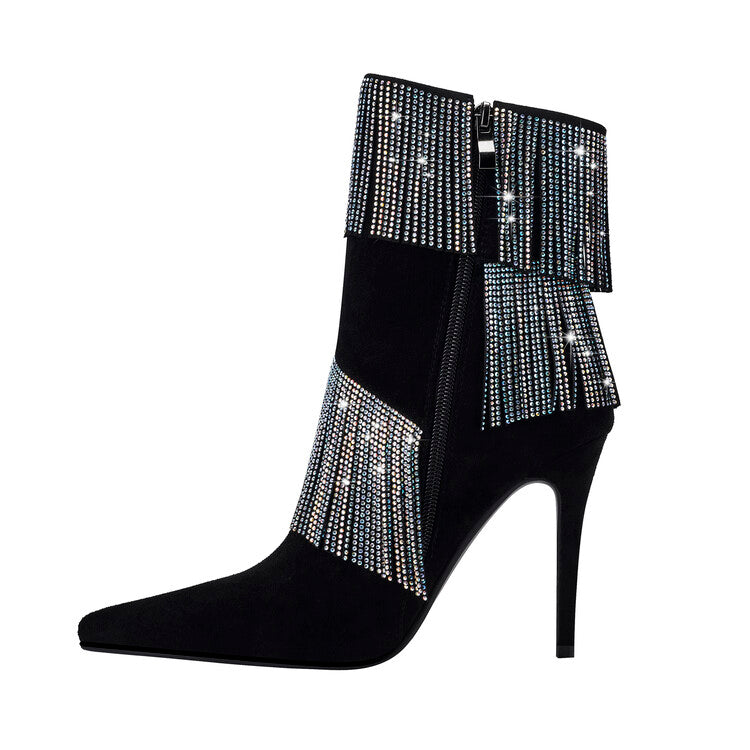 Braune Stiefel mit spitzer Spitze und Stilettoabsatz und Steinmuster
