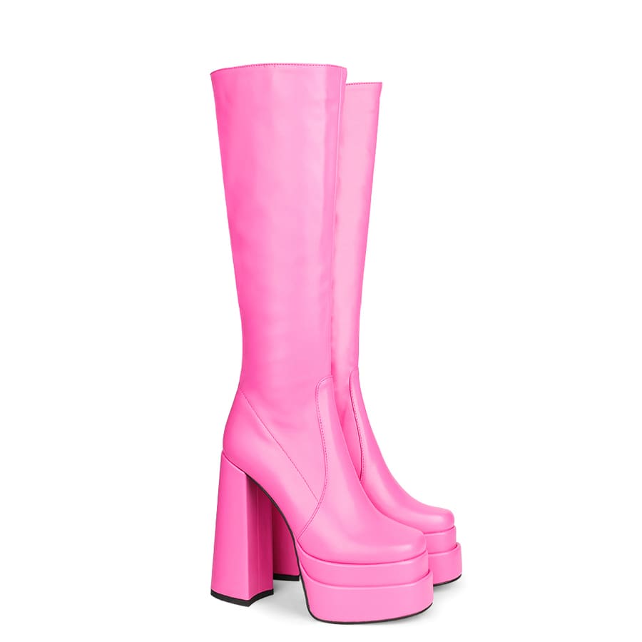 Round Toe Chunky Heel Platform Knee High Boots
