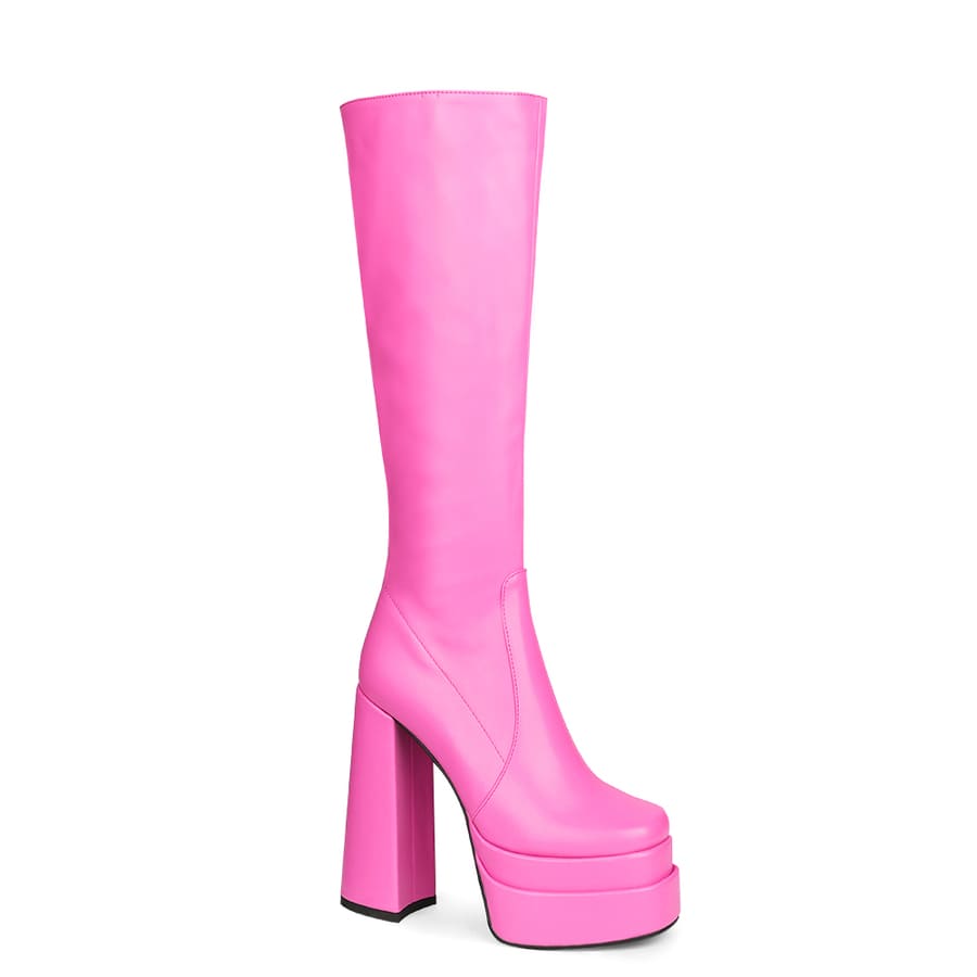 Round Toe Chunky Heel Platform Knee High Boots
