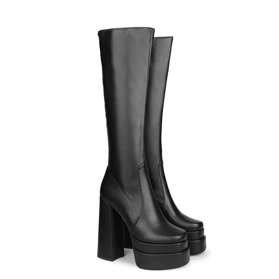 Round Toe Chunky Heel Platform Knee High Boots