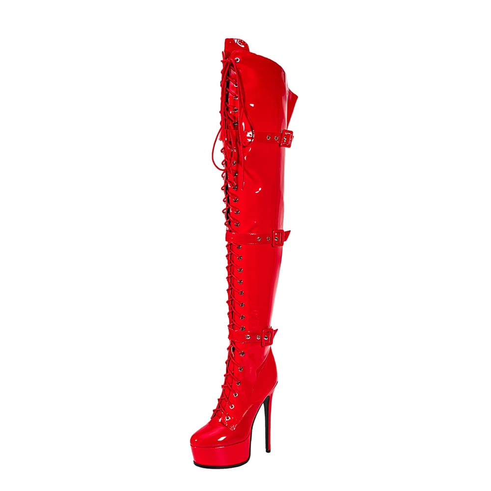 Round Toe Stiletto Heel Lace-Up Over-the-Knee Platform Strap Boots