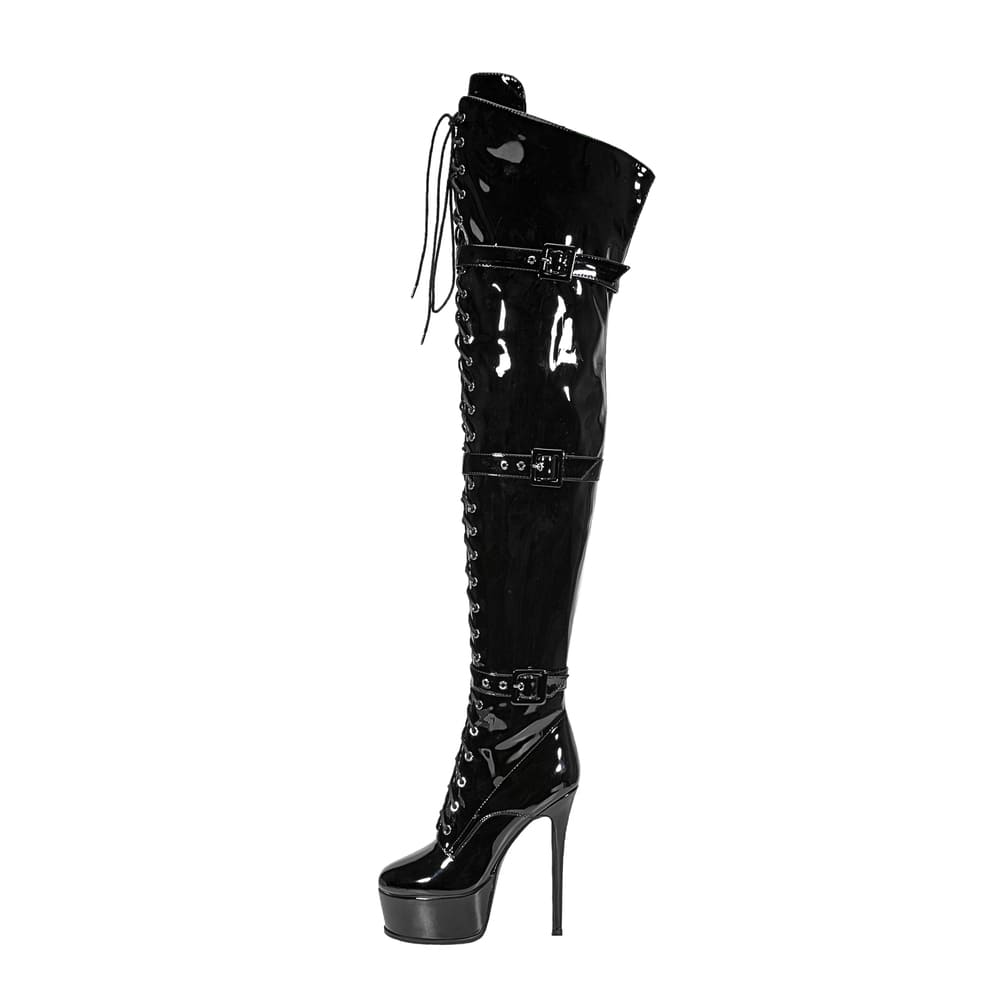 Round Toe Stiletto Heel Lace-Up Over-the-Knee Platform Strap Boots