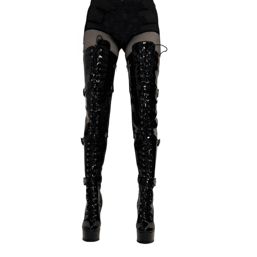 Round Toe Stiletto Heel Lace-Up Over-the-Knee Platform Strap Boots