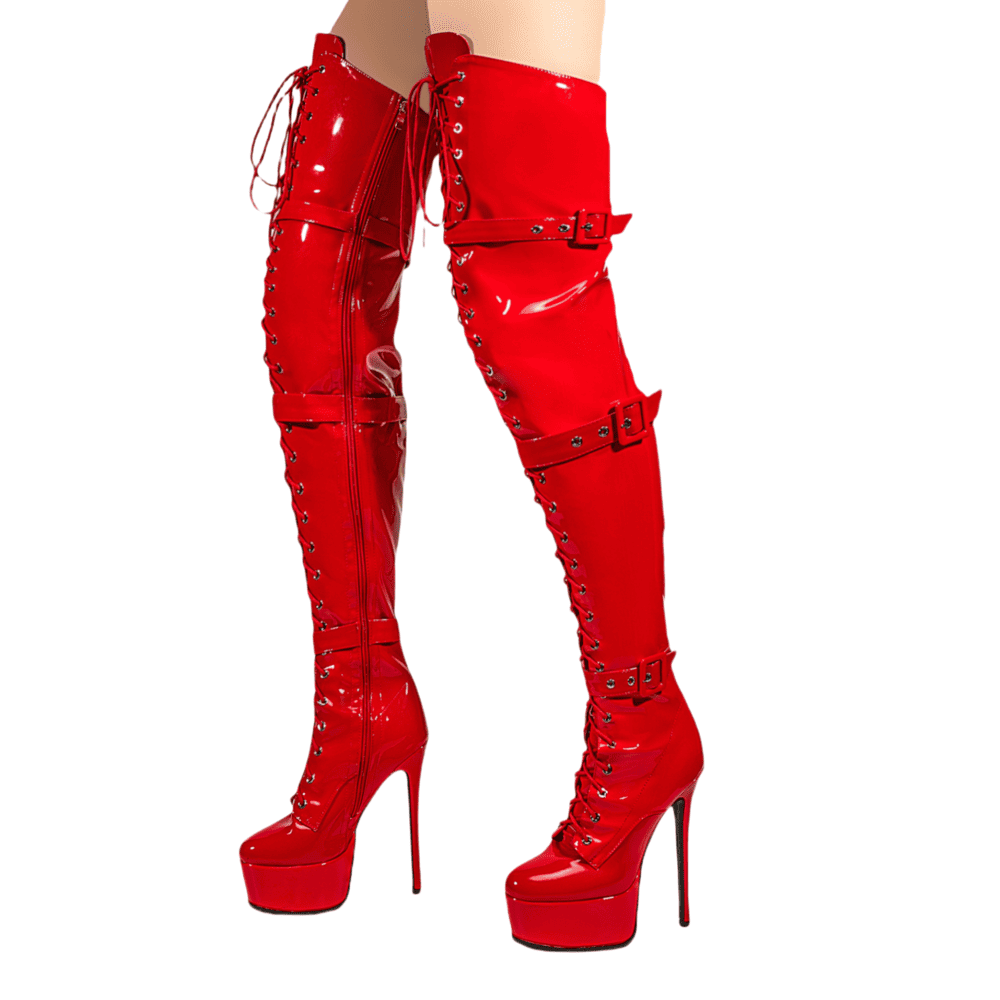 Round Toe Stiletto Heel Lace-Up Over-the-Knee Platform Strap Boots