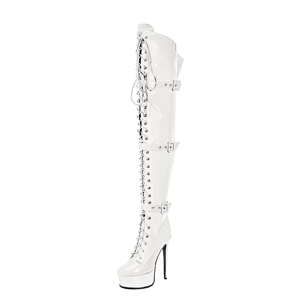 Round Toe Stiletto Heel Lace-Up Over-the-Knee Platform Strap Boots