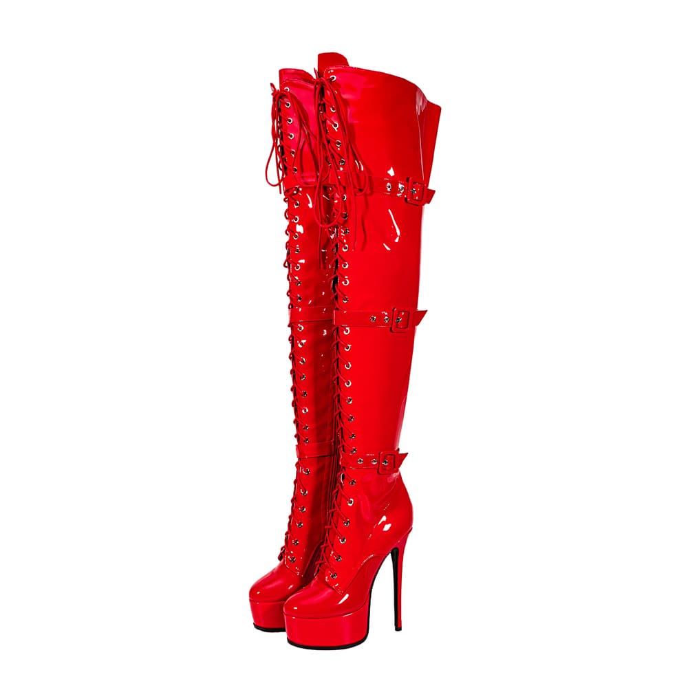 Round Toe Stiletto Heel Lace-Up Over-the-Knee Platform Strap Boots